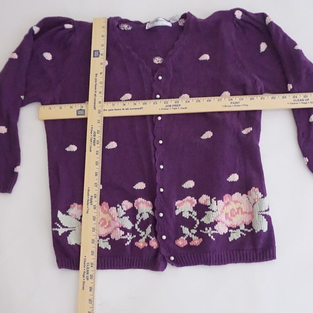 Vintage Maggie Lawrence Purple Polka Dot Floral Embroidered Knit Cardigan M - Picture 3 of 9